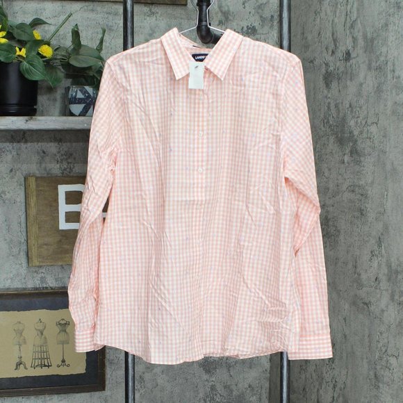 NWT Lands' End Long Patterned Dress Shirt 484704 14 Tall Peach Dot Orange PInk - Picture 1 of 5